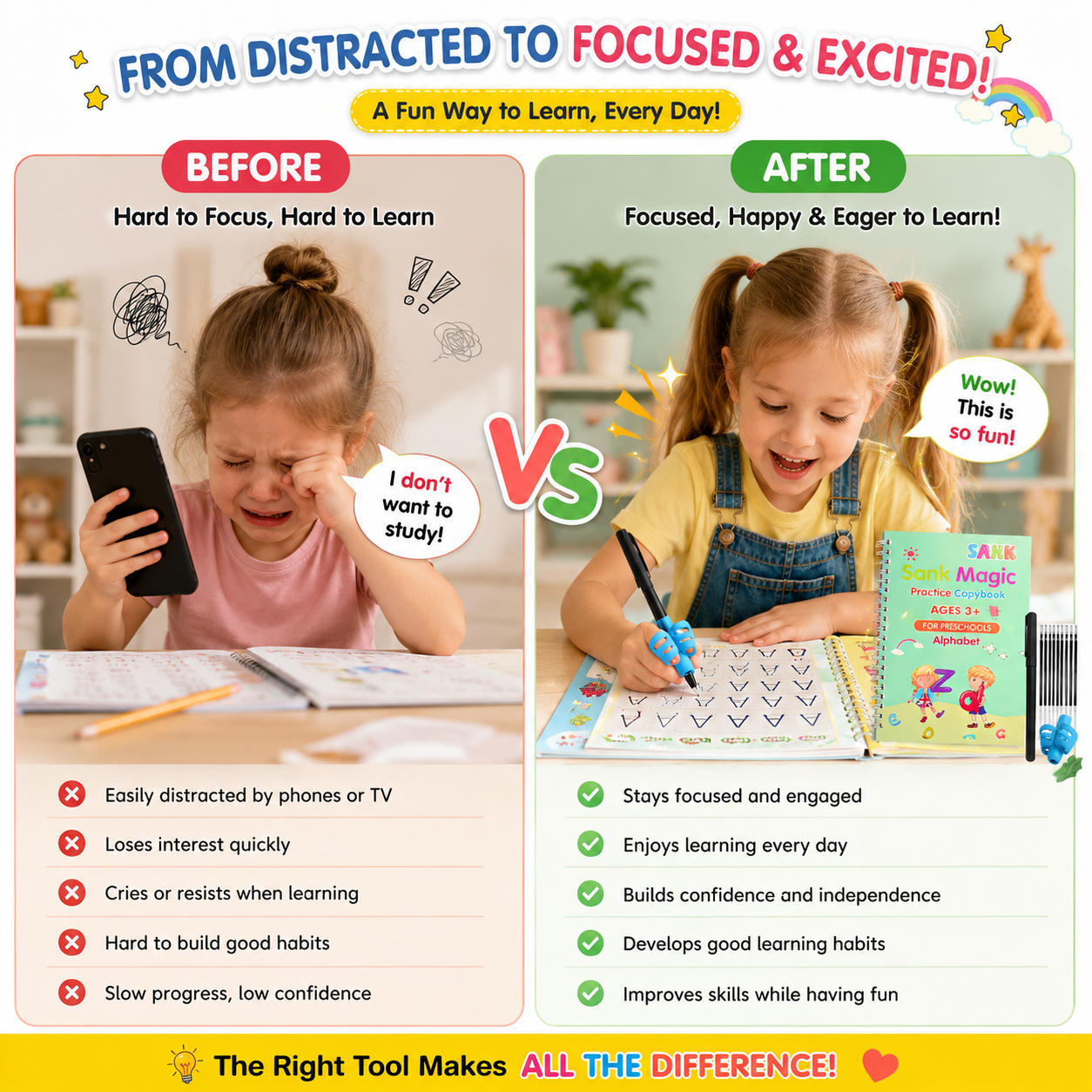 Magic Handwriting Practice Copybook Set (4 Reusable Books + Magic Pen +Refills + Grip)