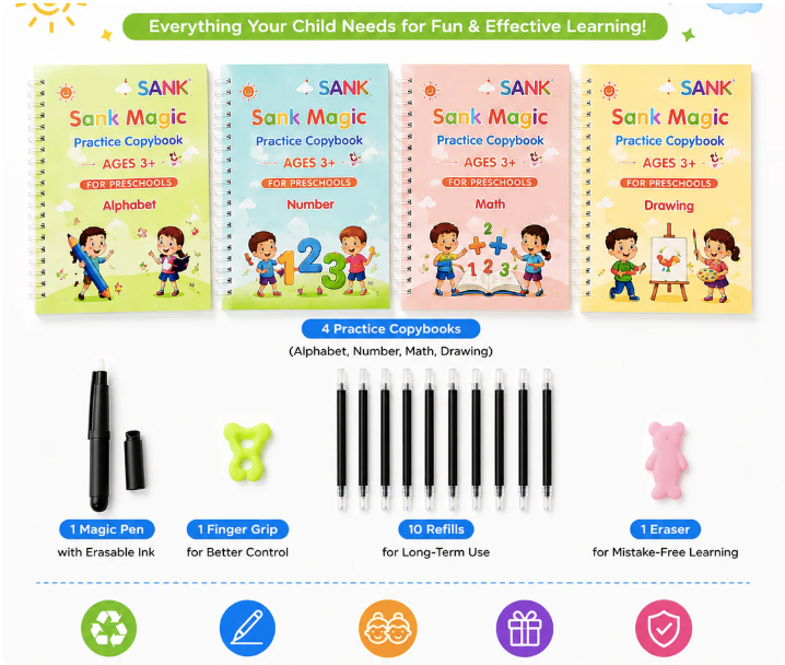 Magic Handwriting Practice Copybook Set (4 Reusable Books + Magic Pen +Refills + Grip)
