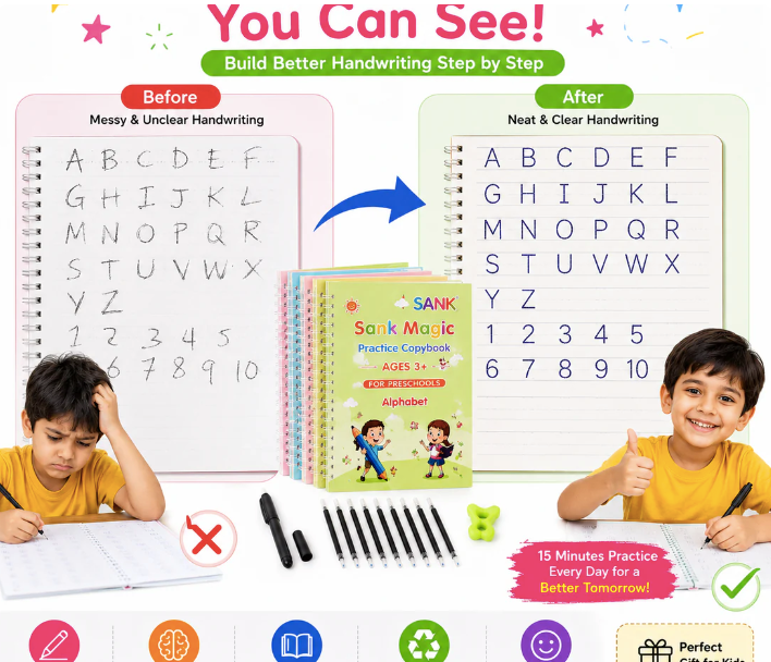 Magic Handwriting Practice Copybook Set (4 Reusable Books + Magic Pen +Refills + Grip)