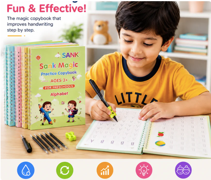 Magic Handwriting Practice Copybook Set (4 Reusable Books + Magic Pen +Refills + Grip)